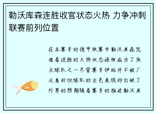 勒沃库森连胜收官状态火热 力争冲刺联赛前列位置