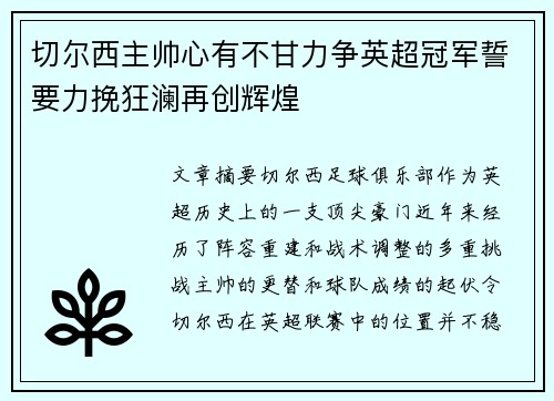 切尔西主帅心有不甘力争英超冠军誓要力挽狂澜再创辉煌