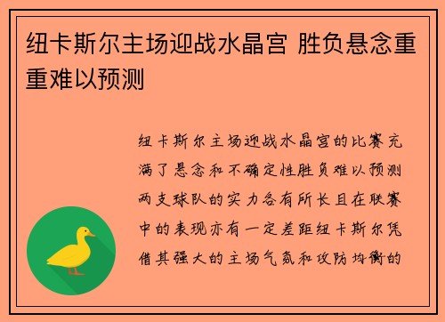 纽卡斯尔主场迎战水晶宫 胜负悬念重重难以预测